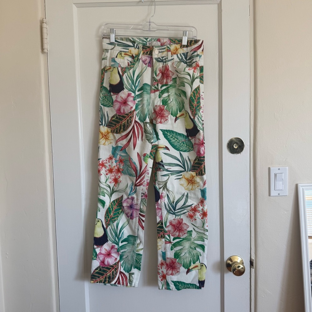 Zara Floral Tropical Print Wide-Leg Jeans - White with Green, Pink, Yellow